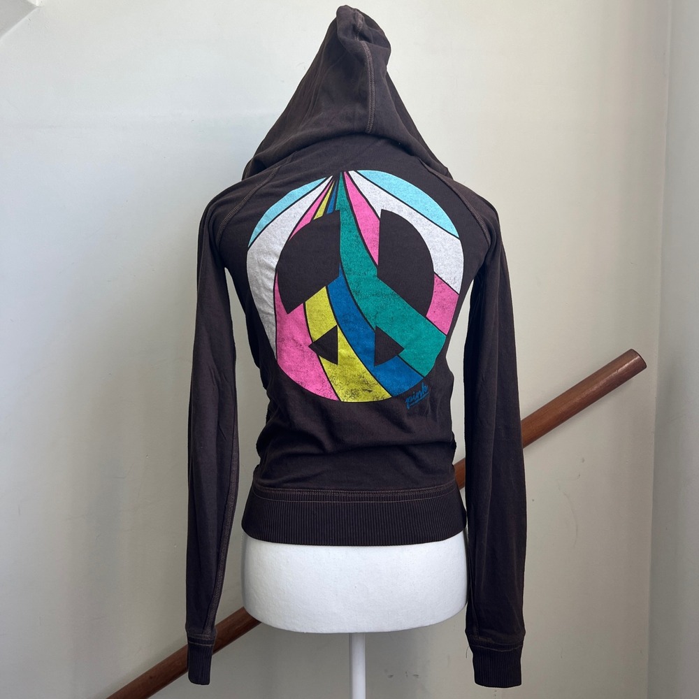 Vintage Pink Victoria's Secret Zip Hoodie XS Brown Peace Sign Graphic Y2K Dog